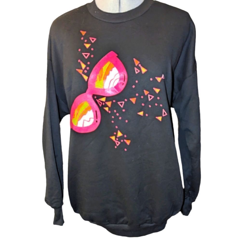 Vintage 80s black sweatshirt with florescent pink art.